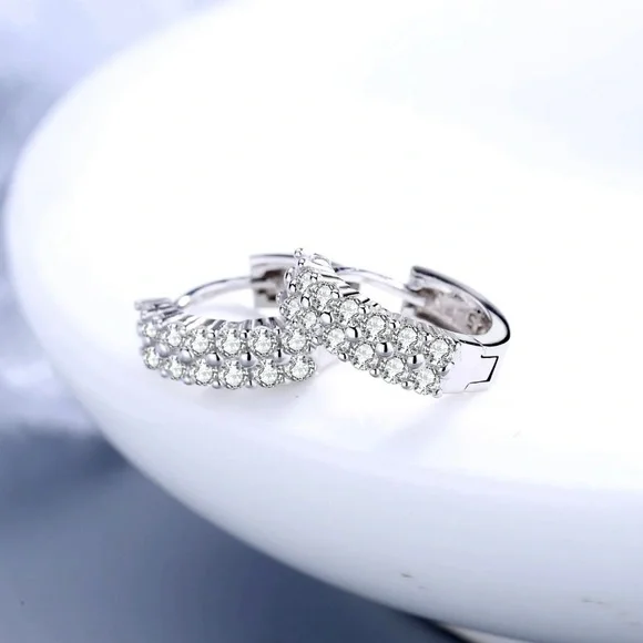 SOLD 925 Silver Needle Double Row Crystal Zircon Round Stud Earrings - Picture 2 of 5